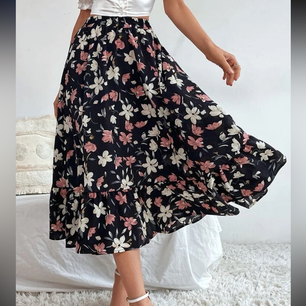 Floral Midi Skirt Ruffle Hem M - Picture 1 of 6